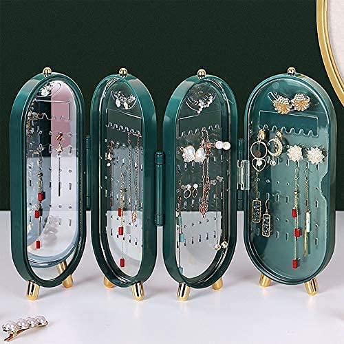 Jewellery Box Organiser with Mirror - Foldable Exquisite Dustproof Jewelry Storage Case Multi-Function Screen Shaped Metal Display Jewelry Stand for Earring - Necklace & Bracelet (Random Color).