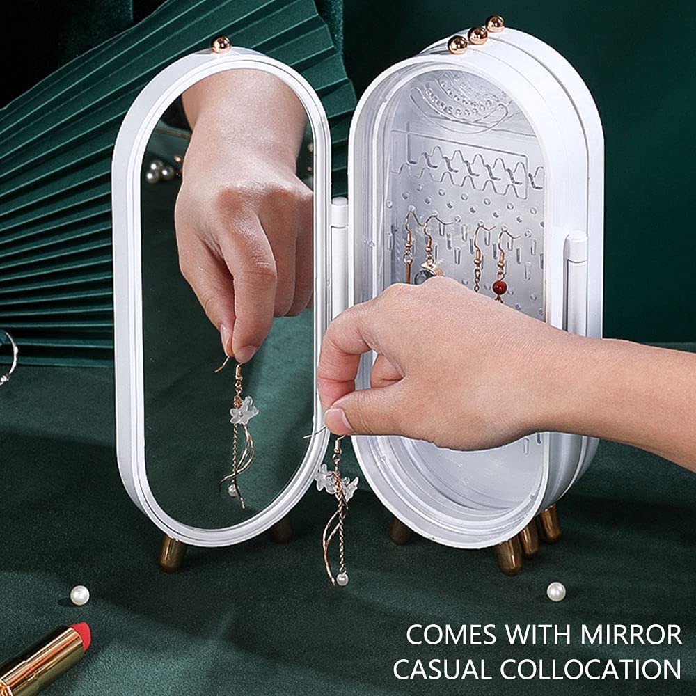 Jewellery Box Organiser with Mirror - Foldable Exquisite Dustproof Jewelry Storage Case Multi-Function Screen Shaped Metal Display Jewelry Stand for Earring - Necklace & Bracelet (Random Color).