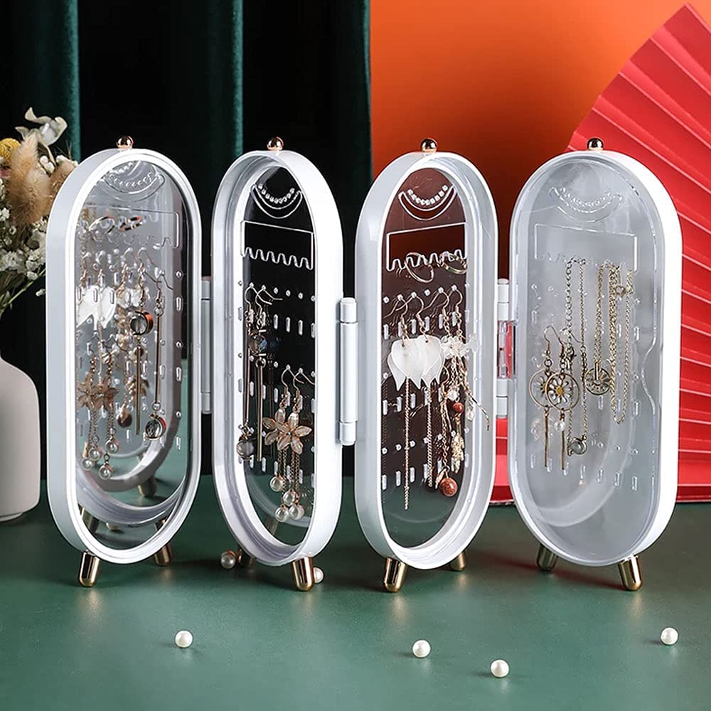 Jewellery Box Organiser with Mirror - Foldable Exquisite Dustproof Jewelry Storage Case Multi-Function Screen Shaped Metal Display Jewelry Stand for Earring - Necklace & Bracelet (Random Color).