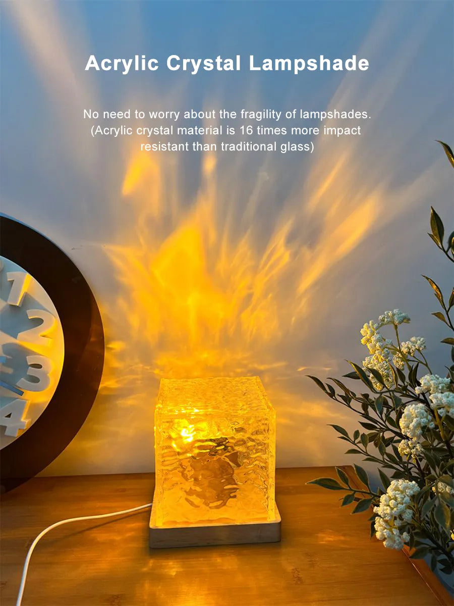 Dynamic Rotating Water Ripple Night Light 3 Colors Flame Crystal Lamp for Living Room Study Bedroom (with remote Attached USB cable).