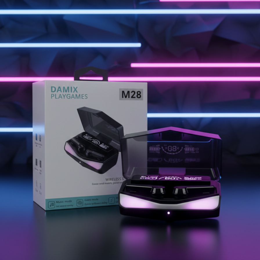 DAMIX M28 TWS Wireless 5.3 Gaming Earbuds with LED Power Display, Dual Mode (Game/Music), Low Latency, and HD Mirror Design.