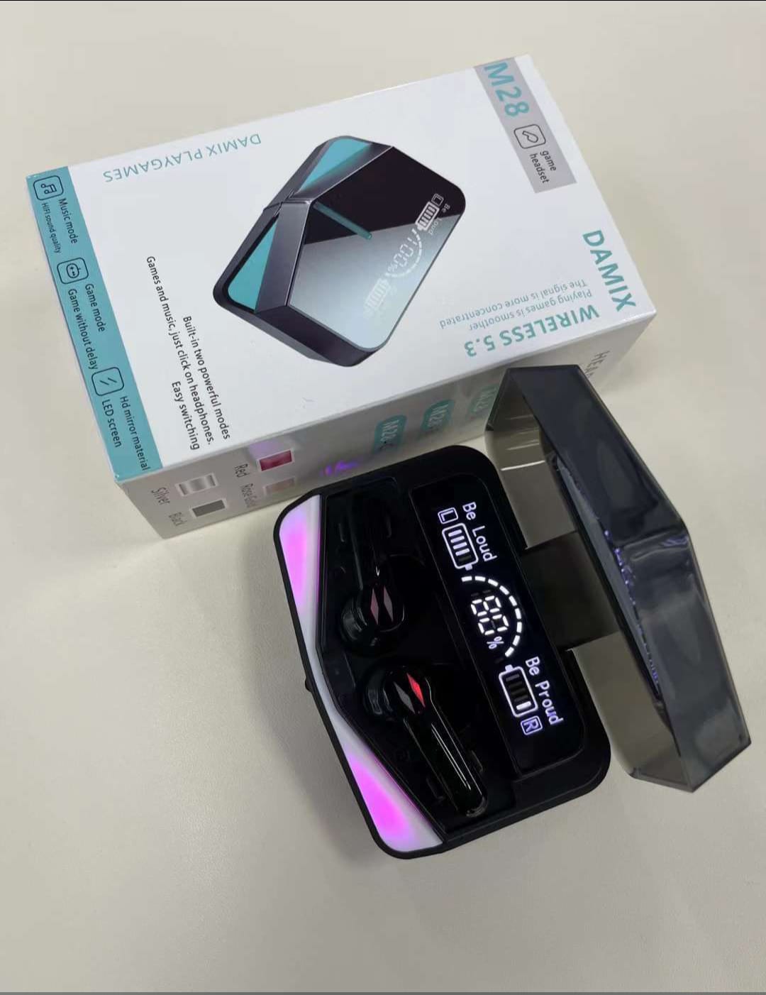 DAMIX M28 TWS Wireless 5.3 Gaming Earbuds with LED Power Display, Dual Mode (Game/Music), Low Latency, and HD Mirror Design.