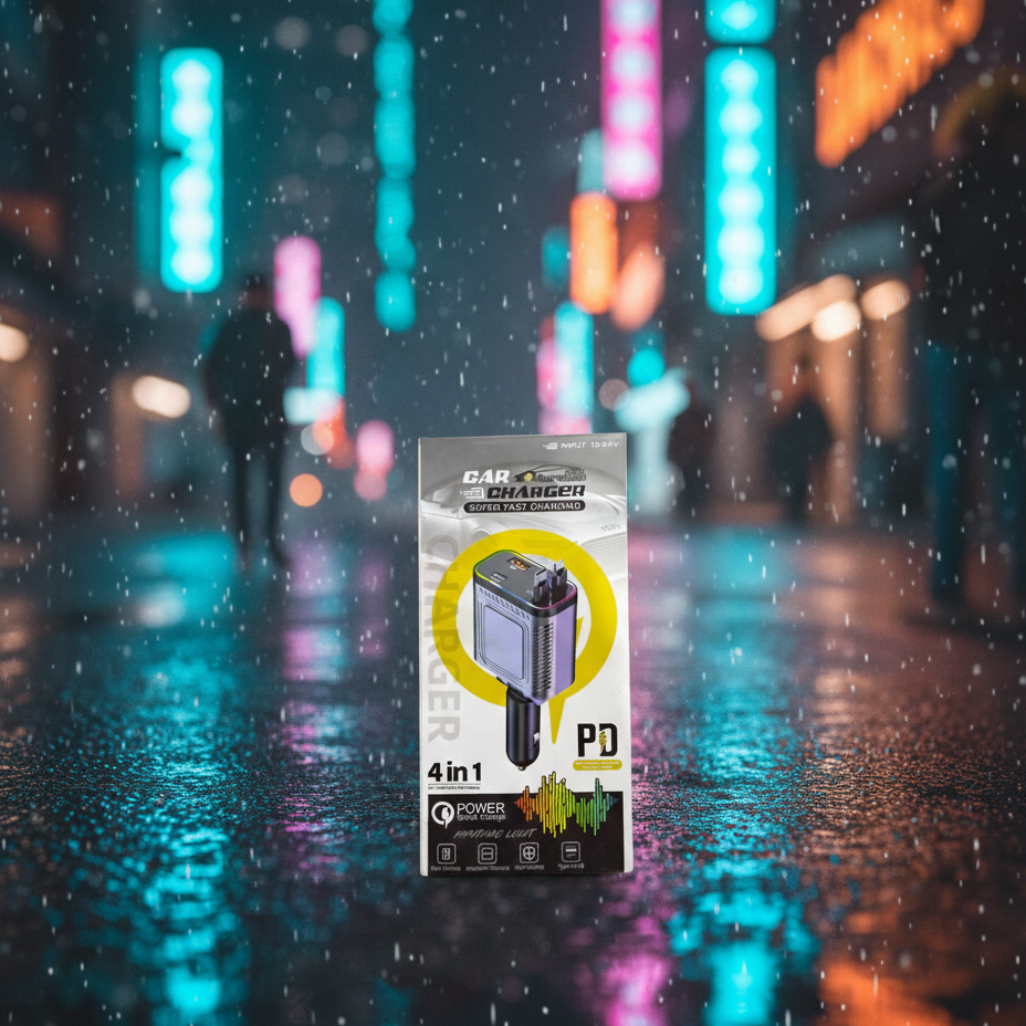 Super Fast Charging 4 In 1 Car Charger With PD Support Type C And USB Ports Intelligent Secure And Stylish.