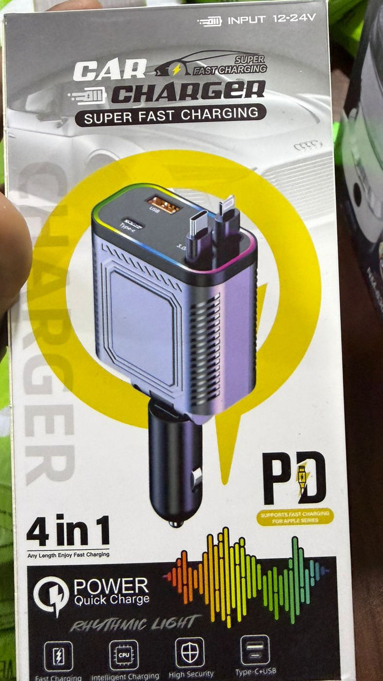 Super Fast Charging 4 In 1 Car Charger With PD Support Type C And USB Ports Intelligent Secure And Stylish.
