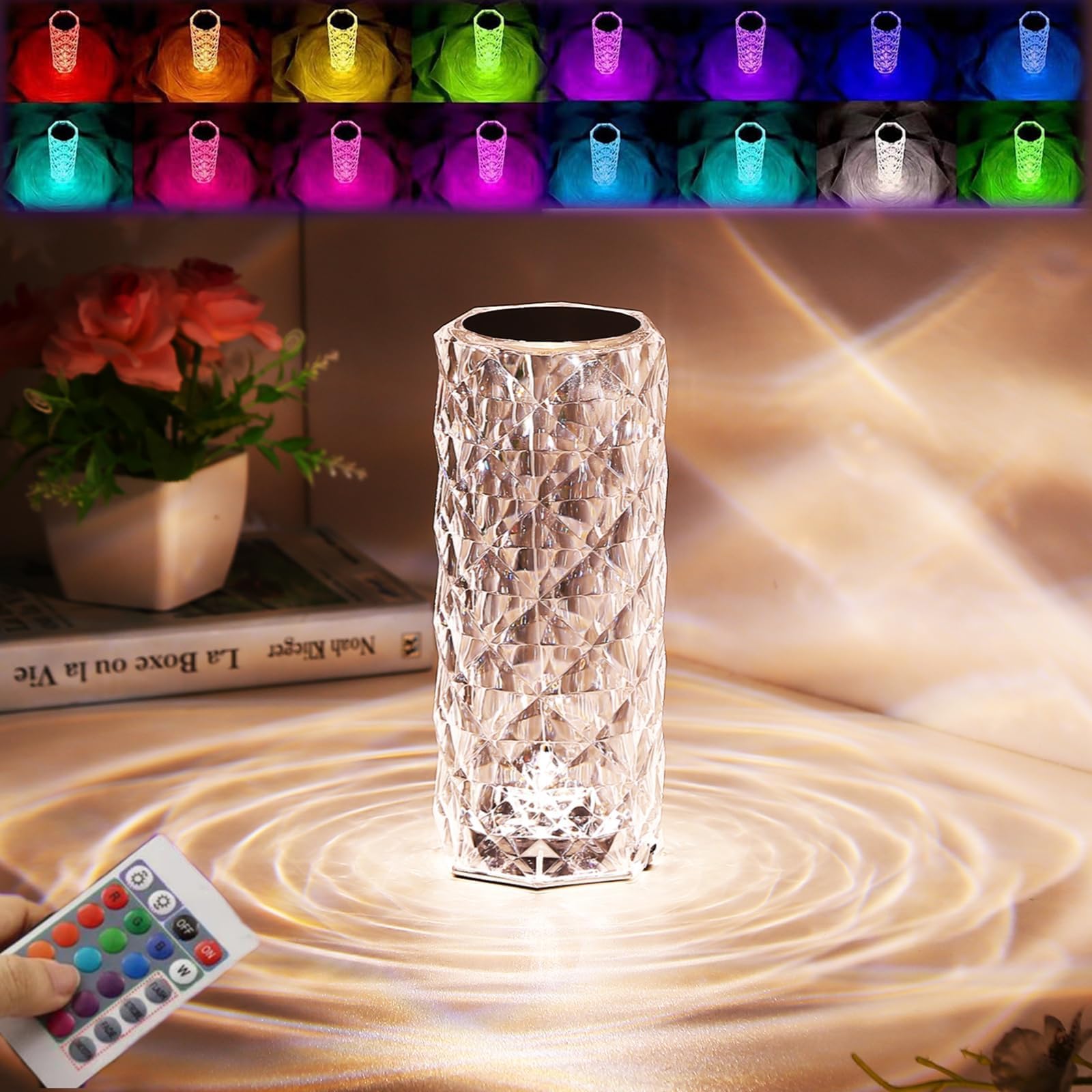 Crystal Rose Diamond Lamp – 16 Colors Changing LED Touch Lamp with Remote & USB Charging.