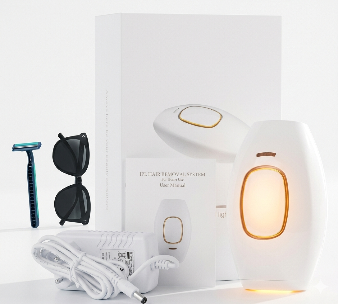 IPL Laser Hair Removal Handset System for Women & Men with Razor & Safety Glasses.