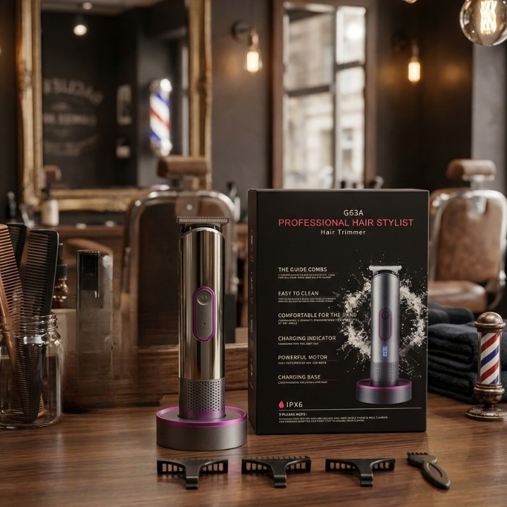 G63A Professional Hair Stylist Trimmer – Rechargeable Cordless Hair & Beard Trimmer with Charging Base and Guide Combs.