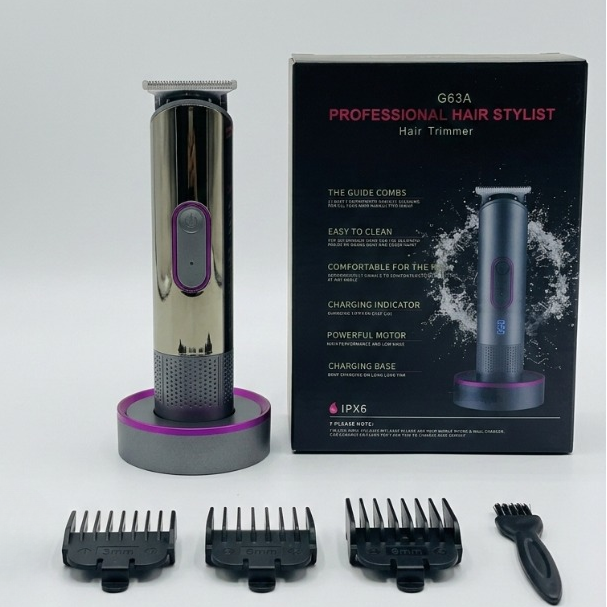 G63A Professional Hair Stylist Trimmer – Rechargeable Cordless Hair & Beard Trimmer with Charging Base and Guide Combs.